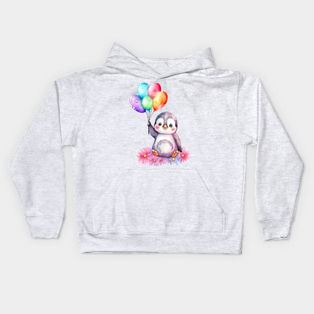 baby penguin holds balloon Kids Hoodie by abbeheimkatt